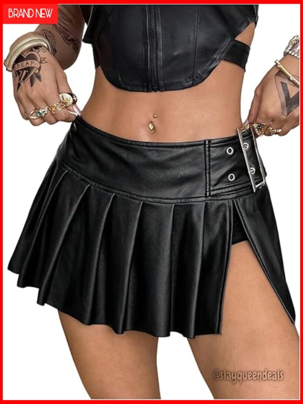 Low Rise Pleated PU Mini Skirt with Buckle Detail Gothic Y2K Style